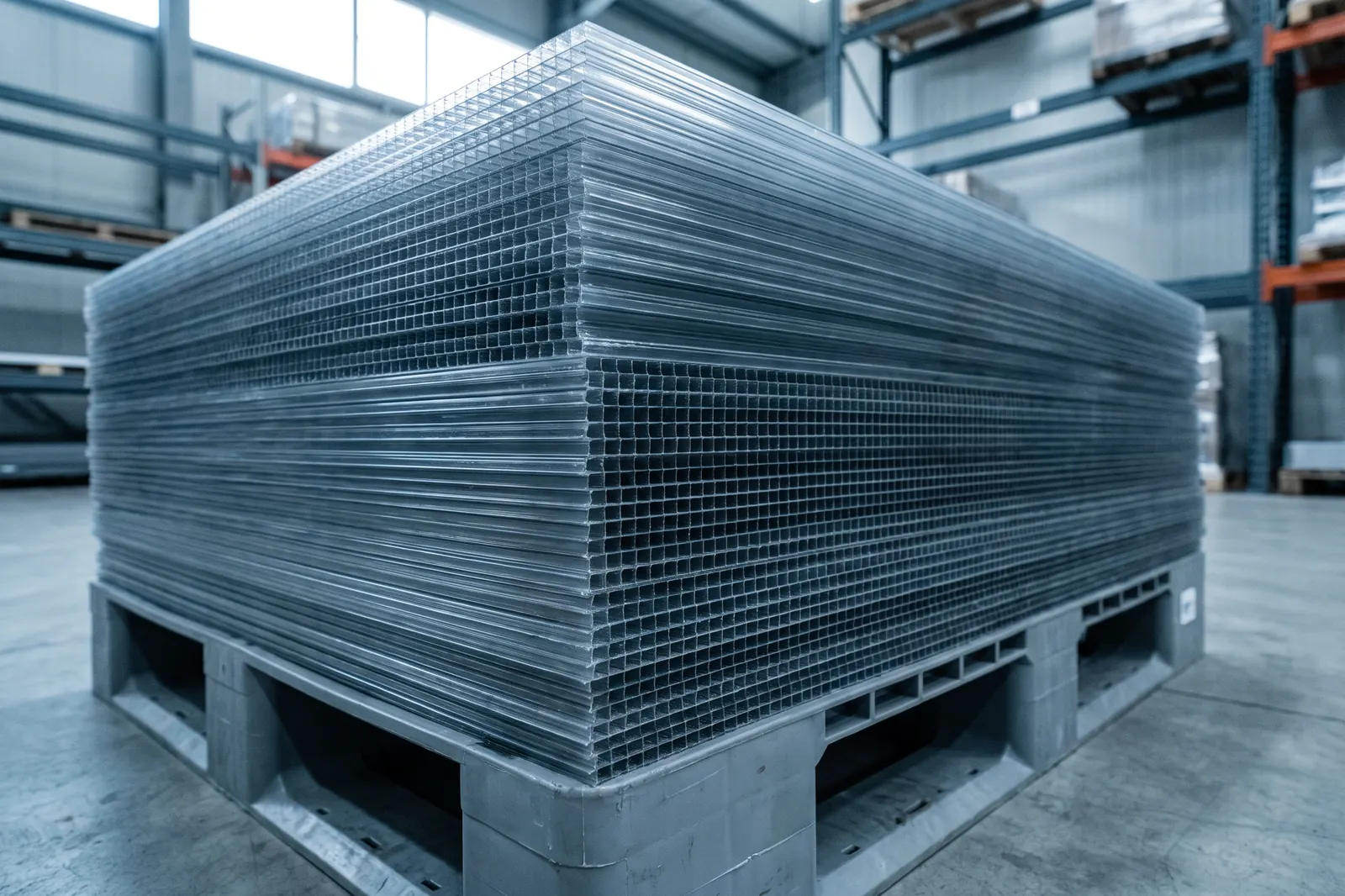 A pallet stacked high with plain twin-wall polypropylene sheets on a warehouse floor.